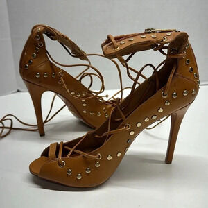 Schutz High Heel Shoes Lace Up Gladiator Leather Gold Studs Tan Brown Size 38 8